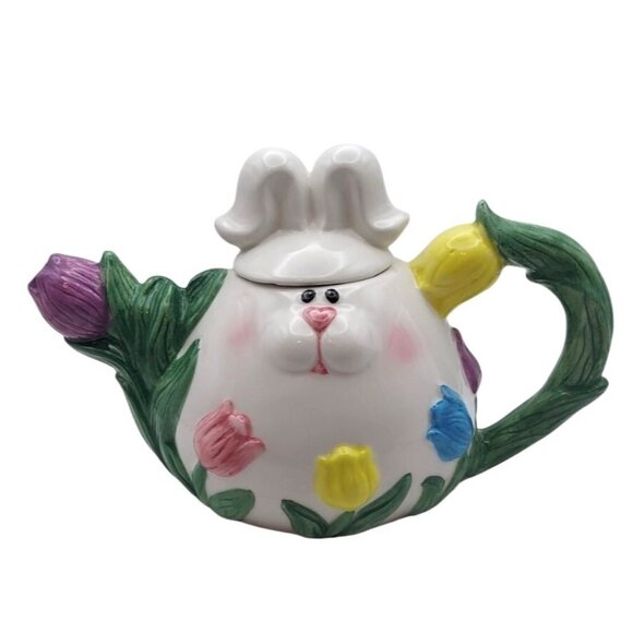 Vintage Ceramic Bunny Tulip Teapot Easter Novelty Floral Spring W/ Lid - Picture 1 of 8